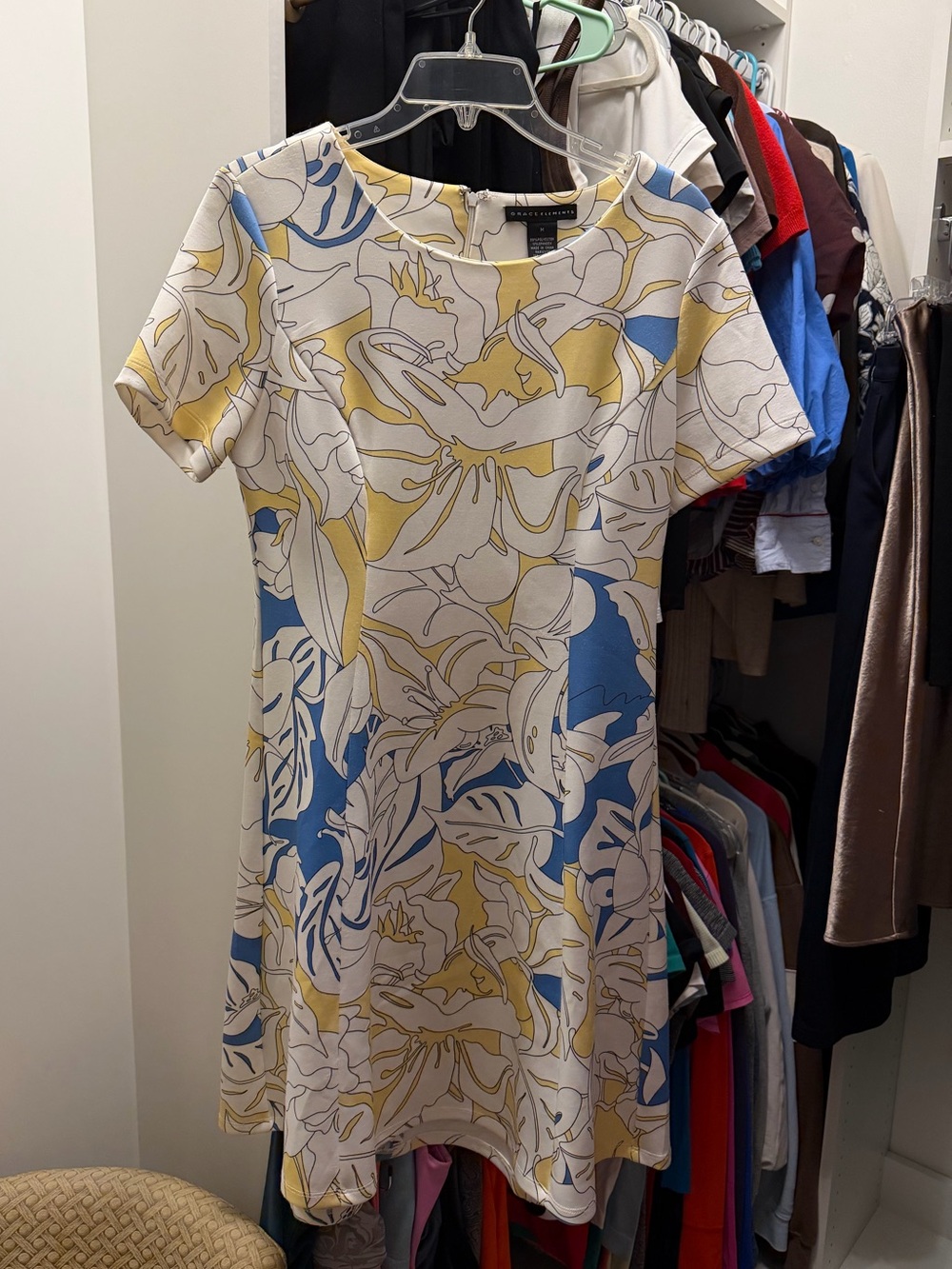 Grace Elements Floral Shift Dress Blue Yellow White Size M